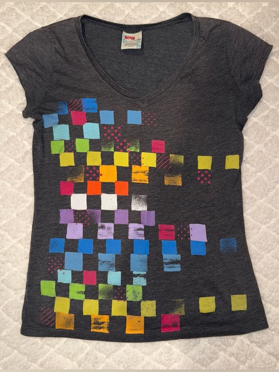 Roxy Tops - Roxy Charcoal V-Neck Tee with Multicolor Square Print